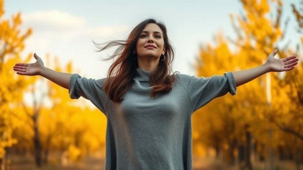 Woman practicing self-compassion with open arms in peaceful autumn scene.