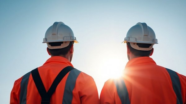 Construction workers under bright sky with lens flare, 2026 labor trends.