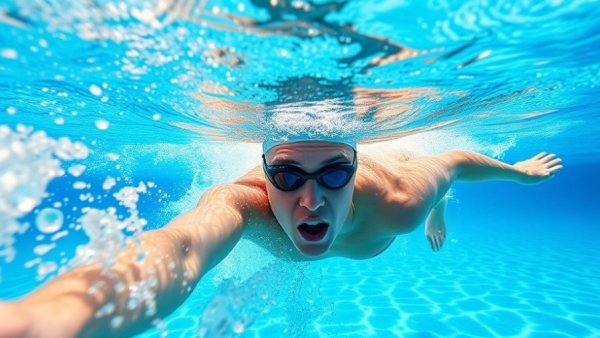 Focused swimmer practicing stroke efficiency in pool, underwater.