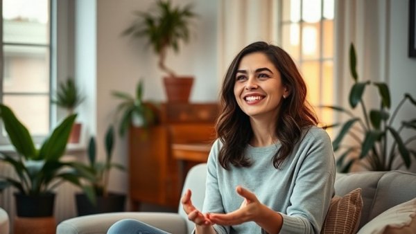 Smiling woman in cozy apartment discussing affordable Thailand apartments.