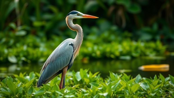 Heron in pond, a predator to protect fish from