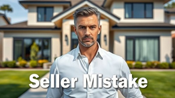 Serious man with text 'Biggest Seller Mistake' in front of house