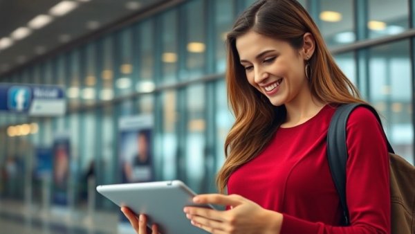 Young woman planning trip online at airport.