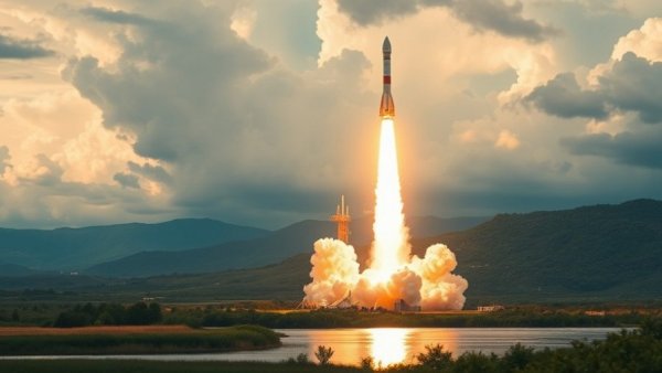NASA Artemis II mission lunar flyby rocket launch over lake.