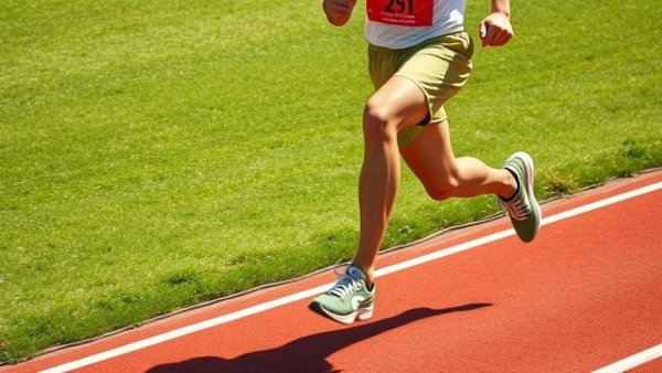 Athletic runner in mid-stride on track, demonstrating speed technique.