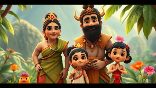 Children of Dragon and Fairy origin story with mythical parents, tropical backdrop.