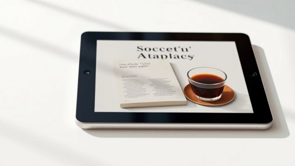 Digital tablet displaying a book cover with coffee and glasses, minimalist.