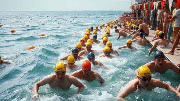 Navigating chaos in sports: open water swim start with swimmers and waves.