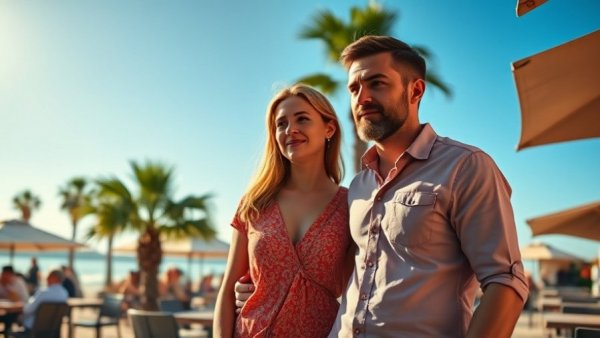 Curious couple in sunny café by beach, Best Places to Live in Spain for Expats.
