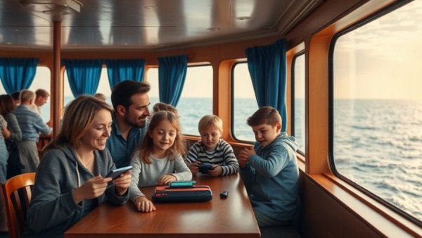 Family traveling on a ferry, part of a slowmadism strategy.