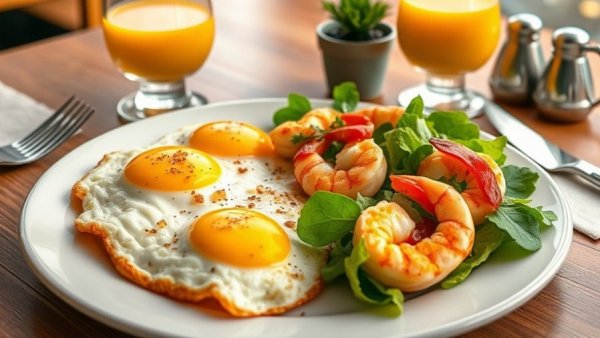 Delicious breakfast plate with eggs, potatoes, shrimp, vibrant setting.