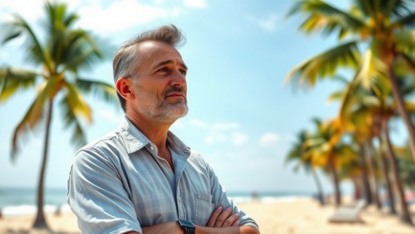 Contemplative man on Hua Hin beach considering cost of living.