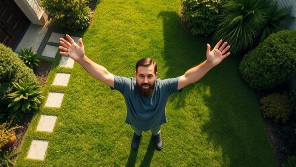Man standing on green lawn, showcasing DIY lawn care fundamentals.