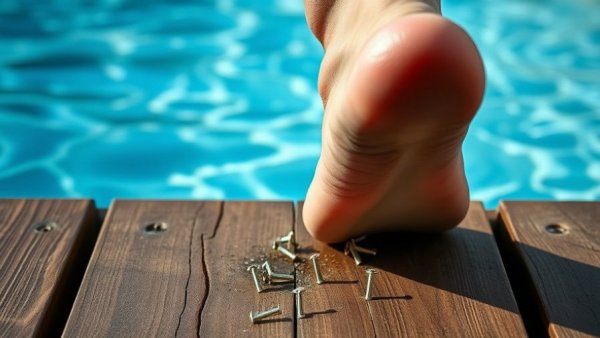 Dramatic scene of foot on nails by the pool, Russian training techniques.
