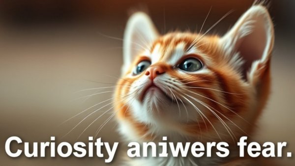 Curious kitten looking up with text 'Curiosity answers fear'.