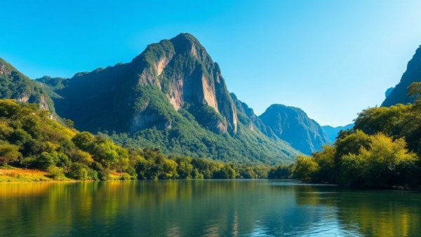 Escape to Muang Fuang - Scenic limestone mountain over a river.