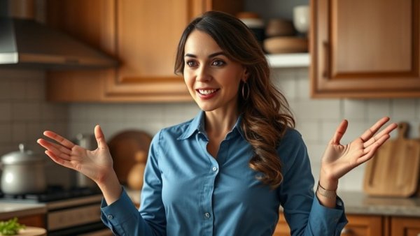 Confident woman discussing benefits of cooking at home in cozy kitchen.