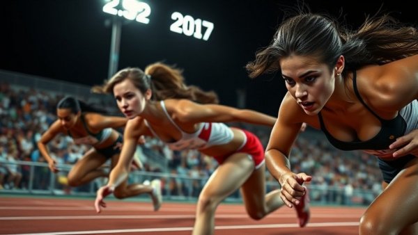 Female athletes running at Stanford Invitational women's 10K under stadium lights.