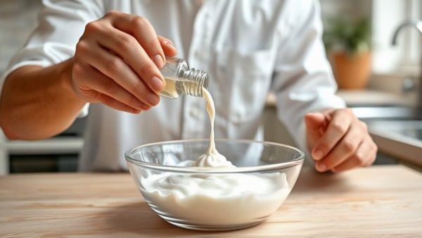 Making homemade car cleaning slime in kitchen with liquid and bowl.