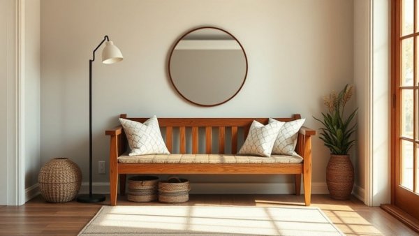 Stunning entryway bench styling with wood, cushions, and mirror.