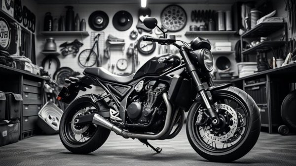 Monochrome motorcycle displayed in a stylish garage with bikes on the wall.
