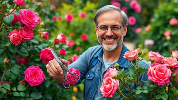 Man with shears teaching how to prune shrubs in a vibrant garden.