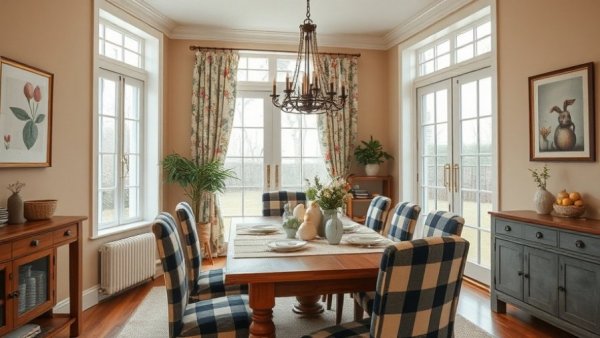 Cozy dining room with DIY Easter home decor and plaid chairs.