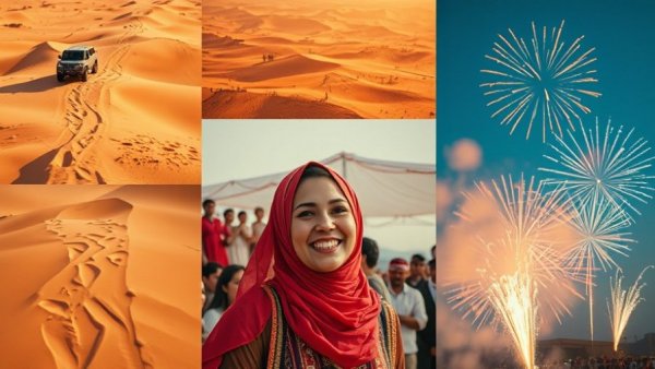 Qatar's cultural celebration and desert adventure collage.