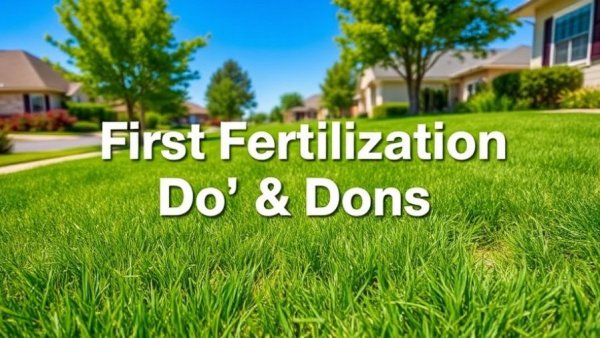 Lush green lawn during first fertilization, text overlay on when to fertilize your spring lawn.
