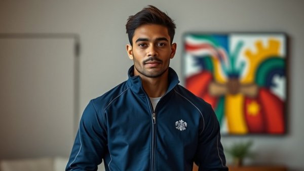 Confident athlete indoors with colorful backdrop, soft lighting.