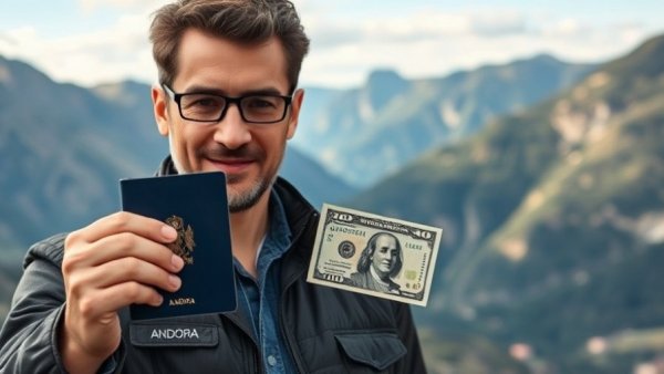 Andorra residence investment changes: man with passport and dollar in scenic mountains.