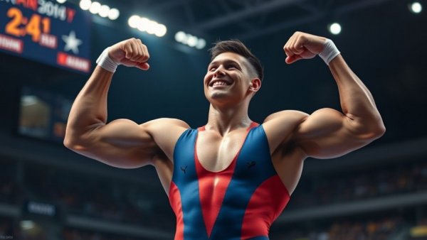 Gymnast celebrating victory, leading best MAG scores 2026.