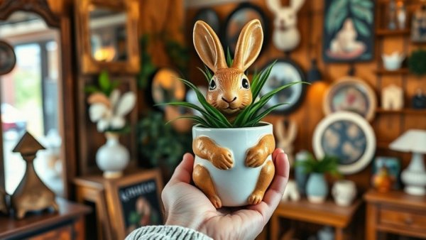 Charming ceramic rabbit planter in thrift store setting with Home & Seasons Treasure Trolley items.