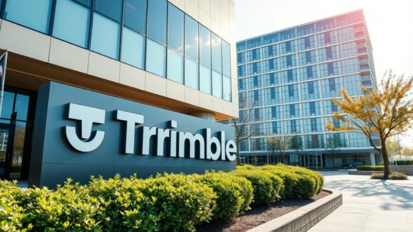 Trimble corporate campus entrance with building and signage.