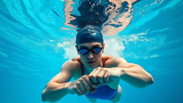 Underwater swimmer practicing fist drill, highlighting core strength in swimming.