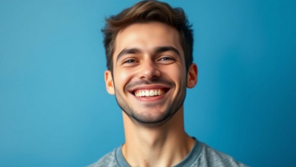 Man smiling in maroon shirt against blue background.