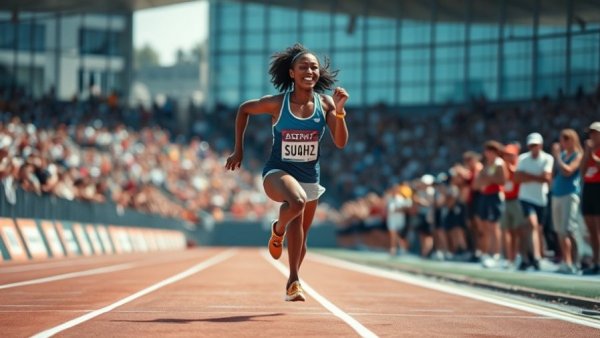 Sha’Carri Richardson comeback celebrated on a race track, dynamic finish.