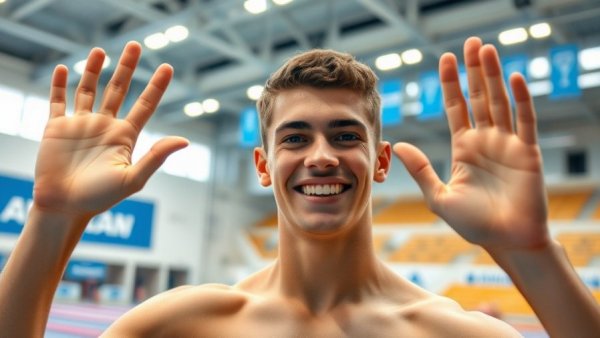 David Popovici at aquatics championship waving confidently.