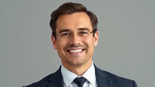 Smiling man in a suit against a gray background, showcasing professional attire.