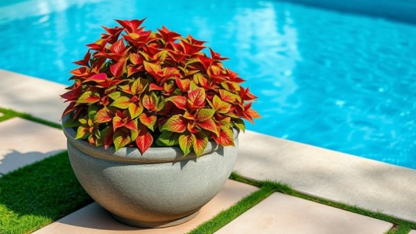 Vibrant planter beside pool, style showcase 339.