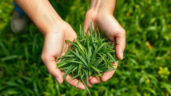Close-up of hands holding grass clippings for lawn care benefits.