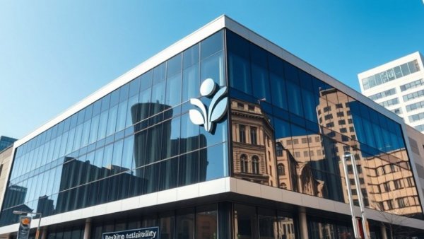 Office building with sustainability services platform logo against blue sky