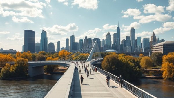 State infrastructure project: modern bridge over river with cyclists.