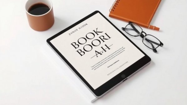 E-book cover on tablet with coffee and notebook.