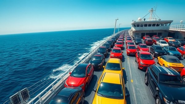 Vehicle transport experts managing vehicles on a ferry deck at sea.