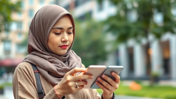 Woman using smartphone outdoors for quick insurance with GIG Gulf.