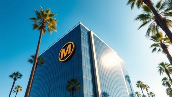Office building of a media organization with palm trees and clear sky.