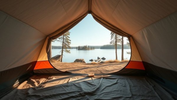 Camping spots in Qatar: Tranquil tent view by a scenic lake.