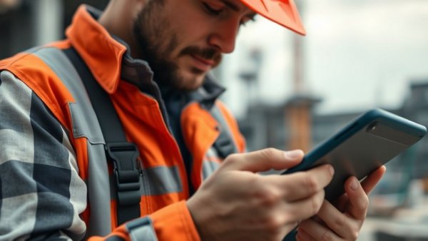 Construction tech startup with worker using tablet on site.