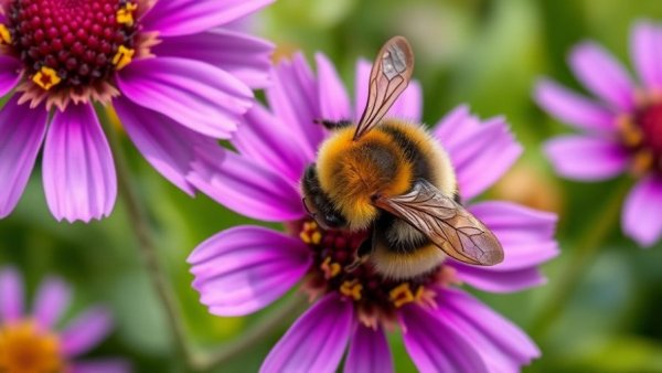 Close-up of a bumblebee on purple flowers showcasing pollinator garden strategies.